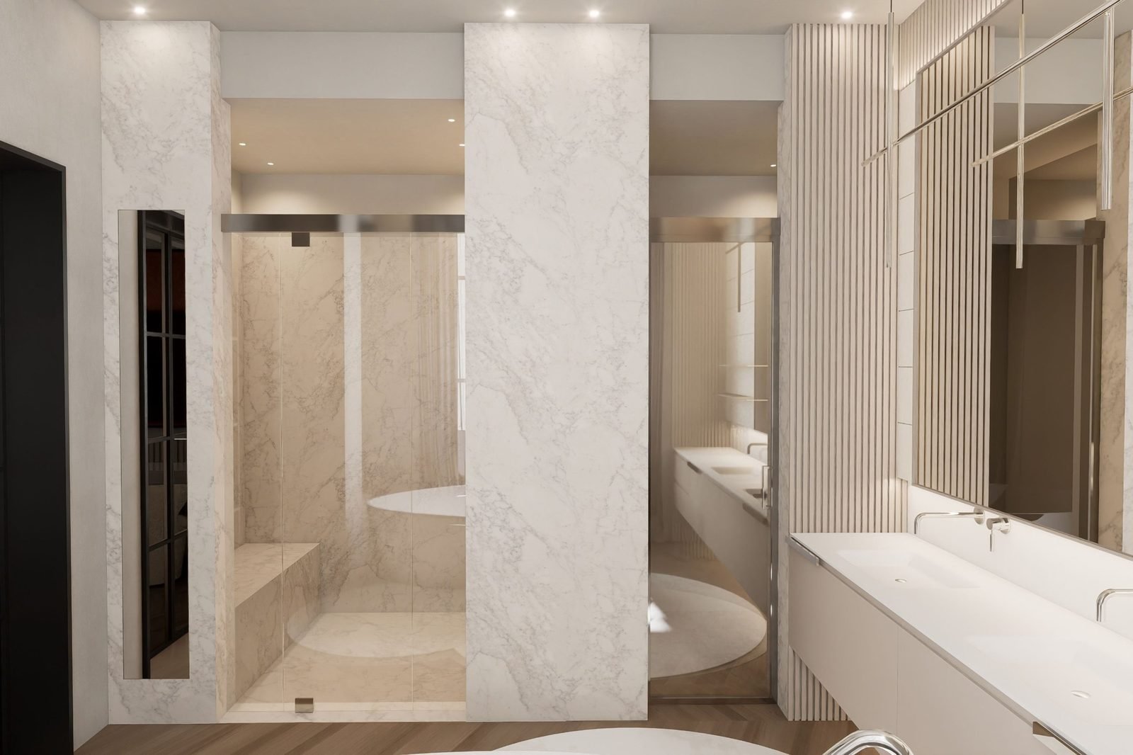 Rendering di bagno con doccia rivestita in marmo bianco, porta in vetro e doppio lavabo