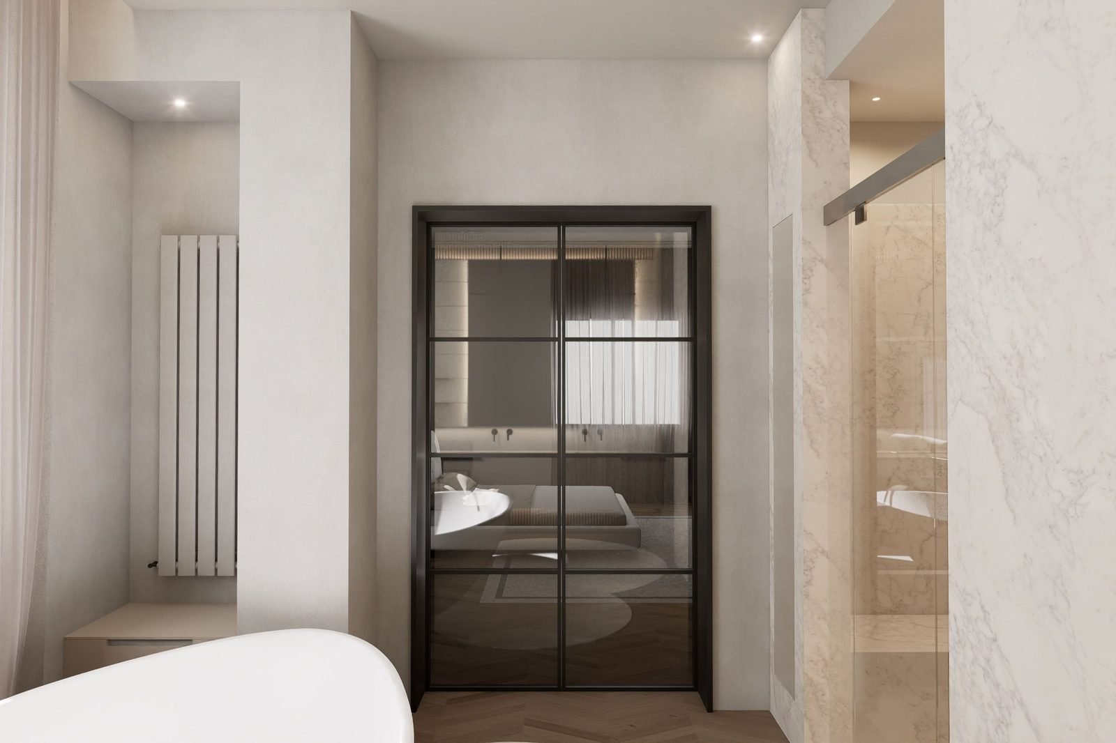 Rendering di bagno con vasca freestanding, porta vetrata con telaio nero e rivestimenti in marmo