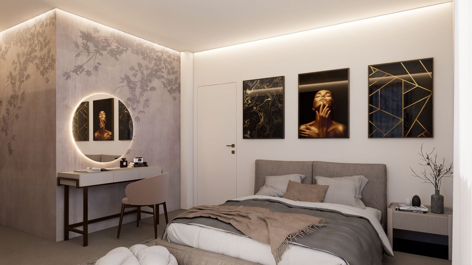 Rendering di camera da letto con toeletta, specchio retroilluminato e quadri dorati