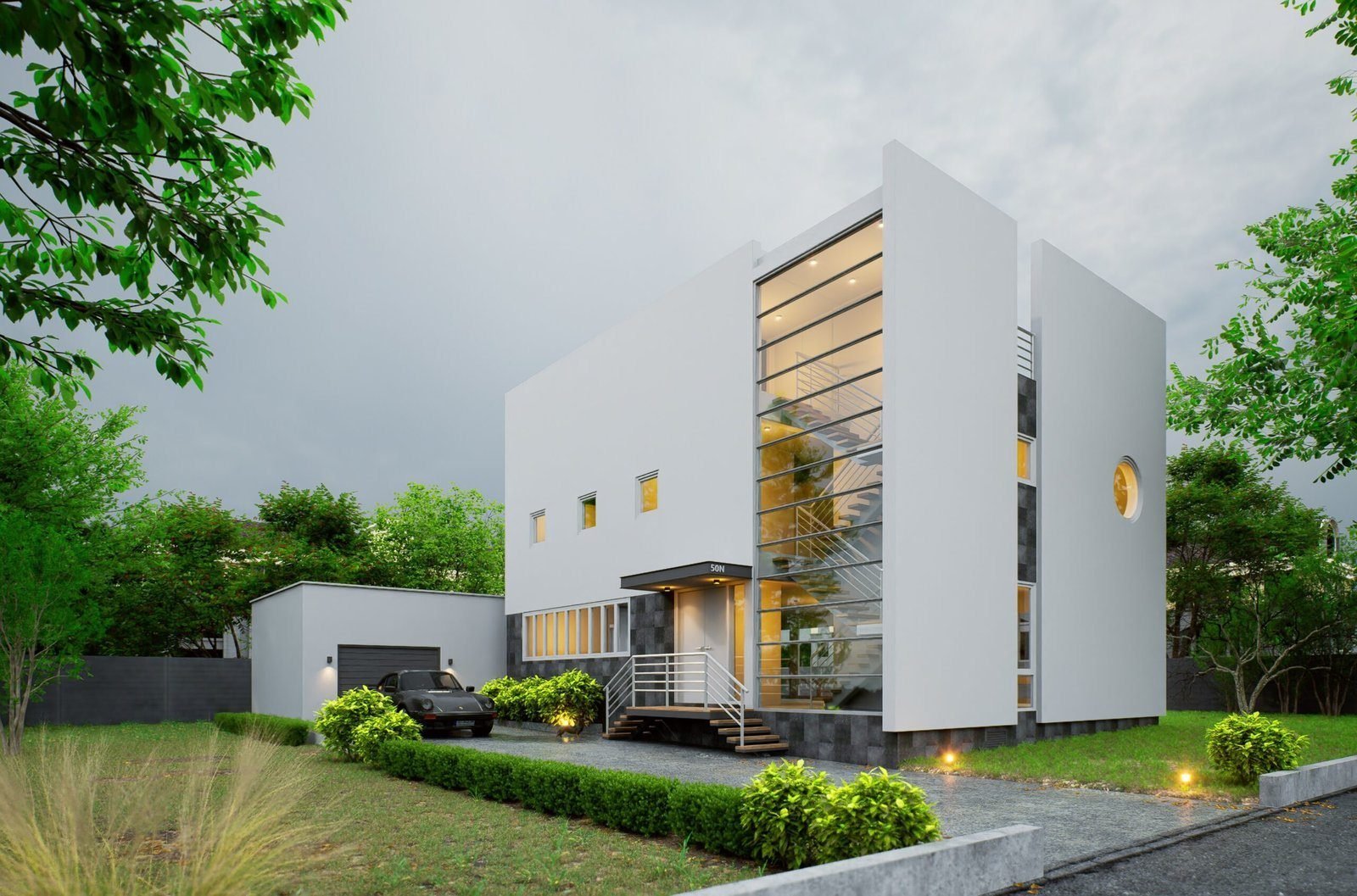 Rendering di villa bianca al crepuscolo con giardino illuminato