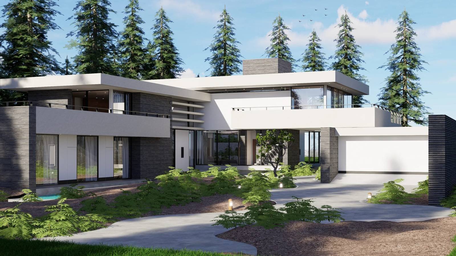 Rendering esterno di villa contemporanea bianca immersa nel verde, con giardino e vialetto