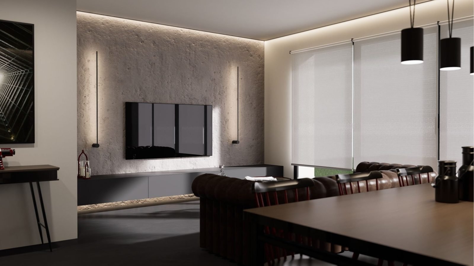 Rendering di soggiorno con parete TV, illuminazione lineare e divano in pelle