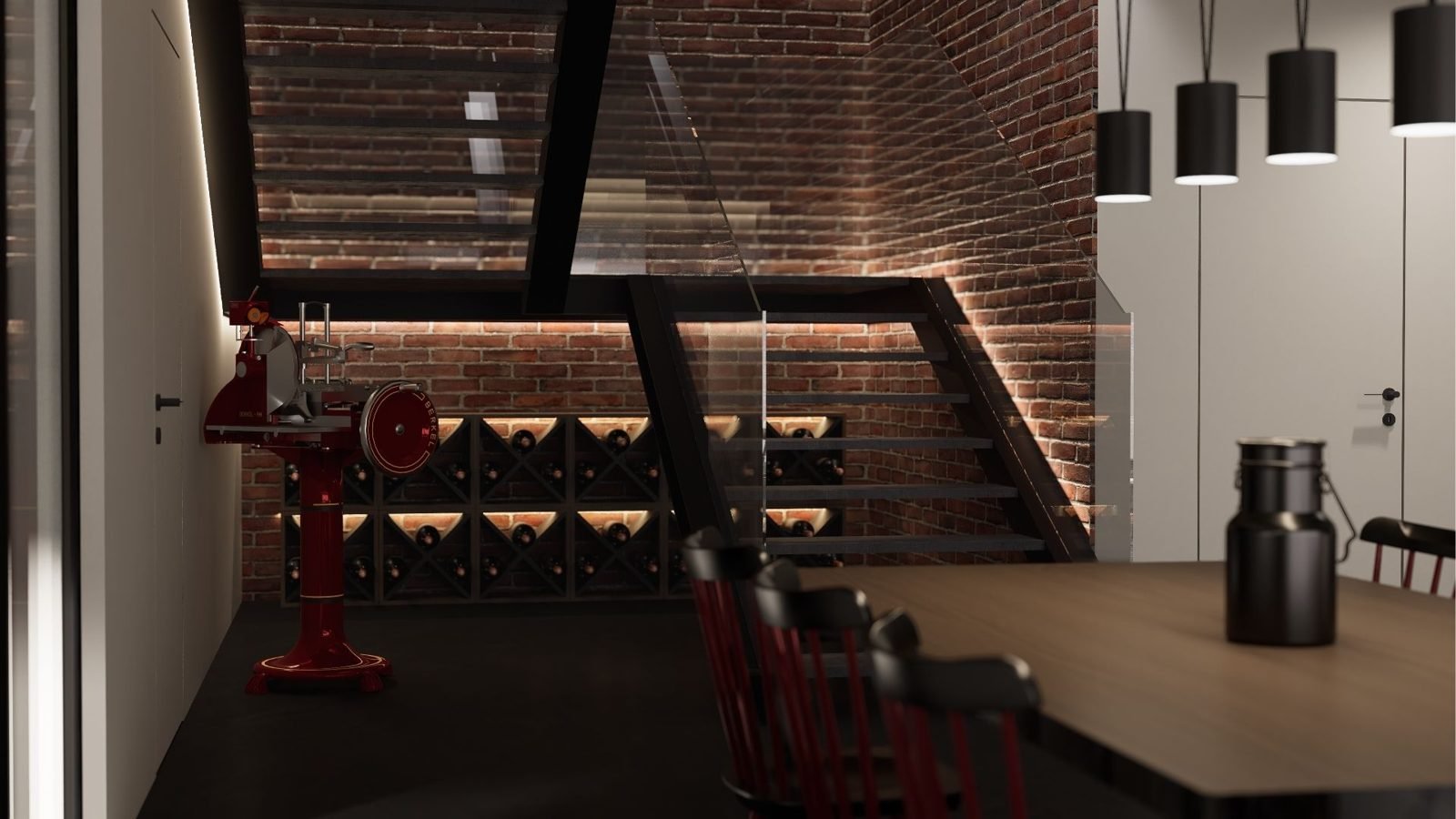 Rendering di zona pranzo con parete in mattoni, scala in ferro e vetro e portabottiglie illuminato